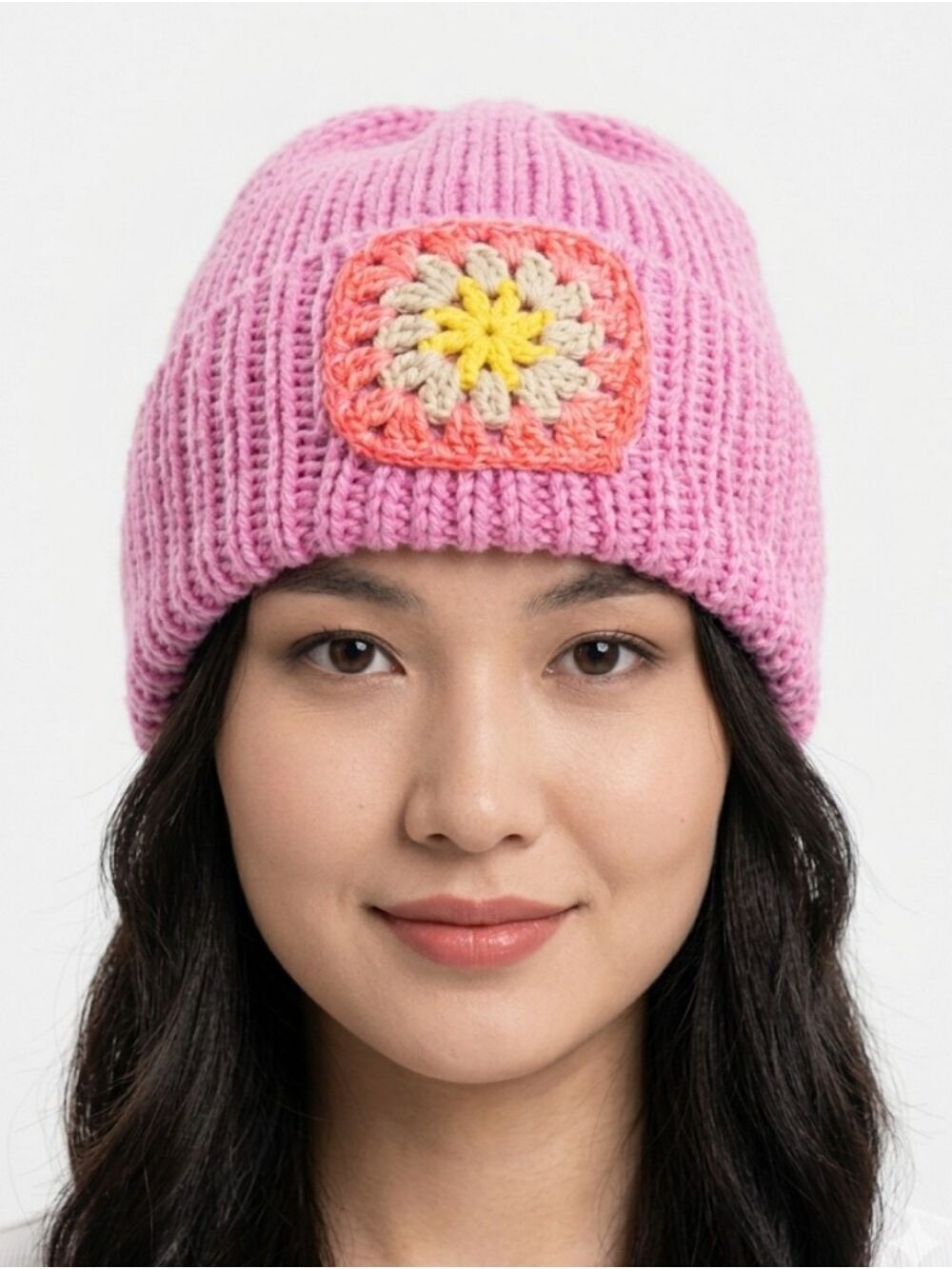Handmade Pink Knit Beanie Crochet Flower Patch Floral Grannycore
